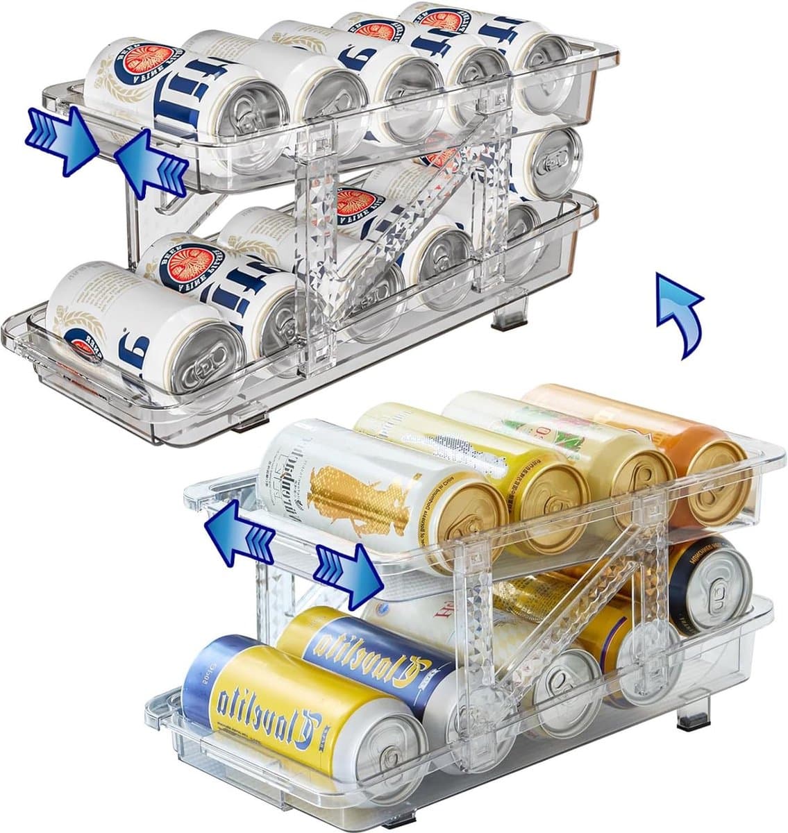Breedte Verstelbare Soda Can Dispenser voor Koelkast - Automatische Rolling Drink Organizer - 2-Tier Frisdrank Blik Organizer - Clear Plastic Opslag Rack - Keukenembleem rolling can dispenser