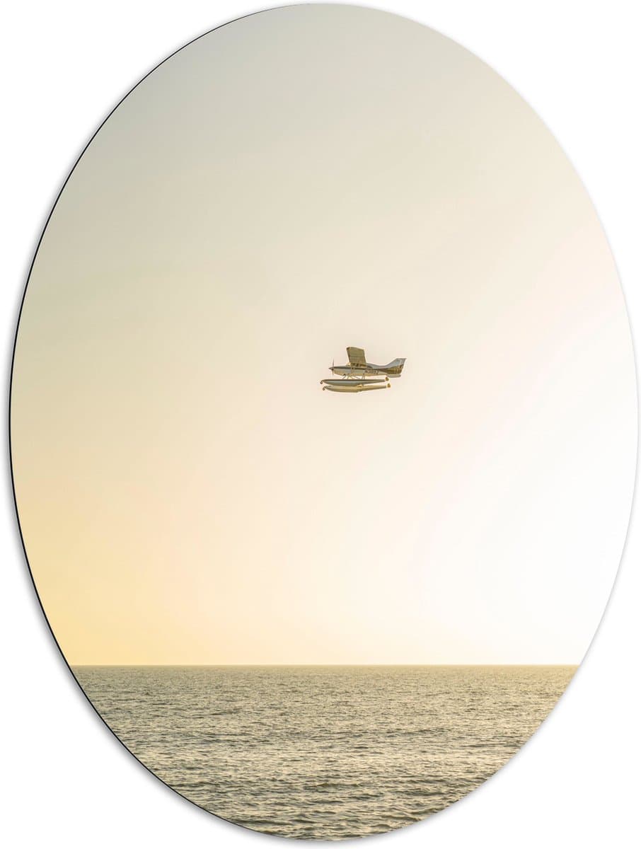 Dibond Ovaal - Vliegtuig Vliegend boven Water met Boeien bij Lichtkleurige Lucht - 81x108 cm Foto op Ovaal (Met Ophangsysteem)