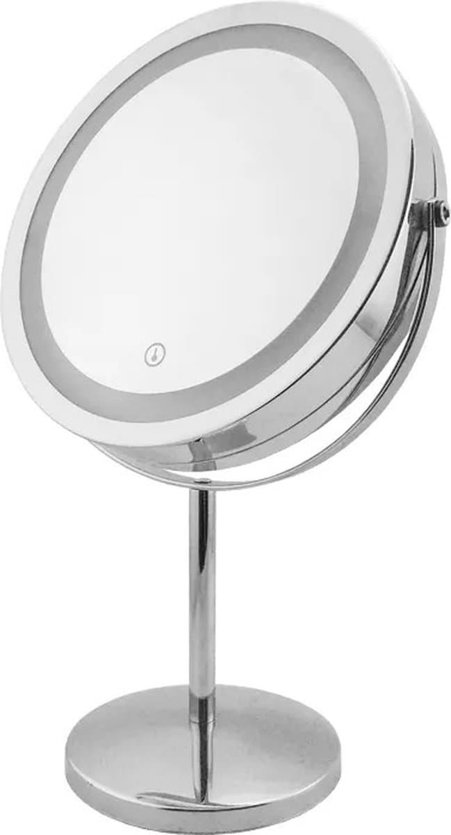 TechU™ Make-upspiegel met Ingebouwd Licht – 1 Normale Spiegel & 1 Vergroot Spiegel tot 10x – 360 graden Rotatie – 32.5*13.5 cm – Zilver