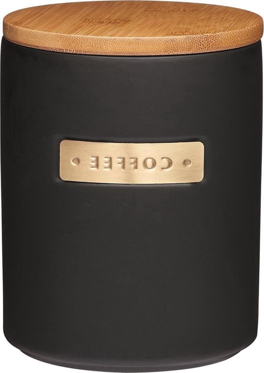 Stenen koffiepot 1kg (175 liter) - Koffiebonenopslag met messingeffect - Bamboe vacuümdeksel - Aroma-dicht - Zwart Ø 12 x 16