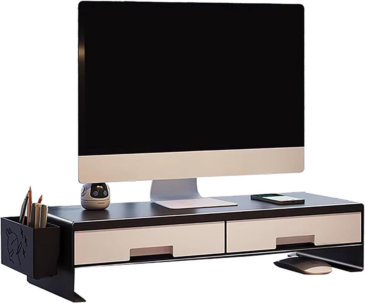 Monitor Verhoger - Bureau Organizer - Ergonomisch Werken - Dubbele Lade - 135 cm Hoog - Wit