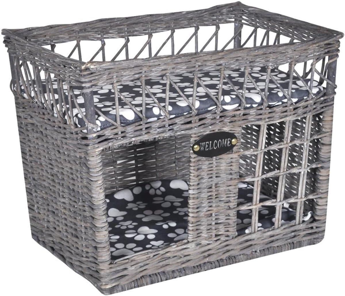Kattenhuis Met Kussen - Dierenmand - Rusten En Spelen - Milieuvriendelijk Willow - 46x32x36 cm - Grijs