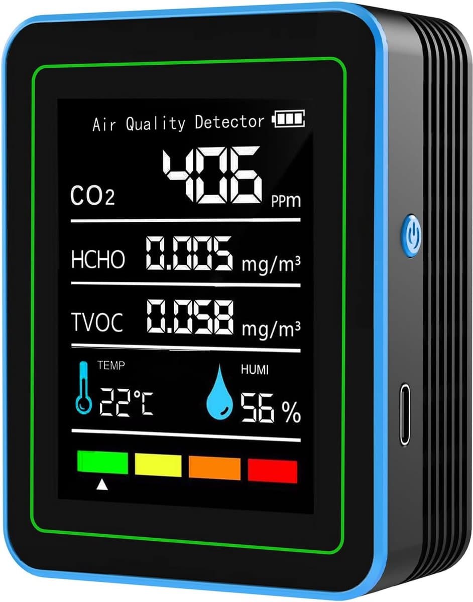 Luchtkwaliteit Monitor - Luchtmeter Tester - Binnen Milieu Checken - 5-in-1 Metingen - 2000mAh Batterij - Zwart Blauw