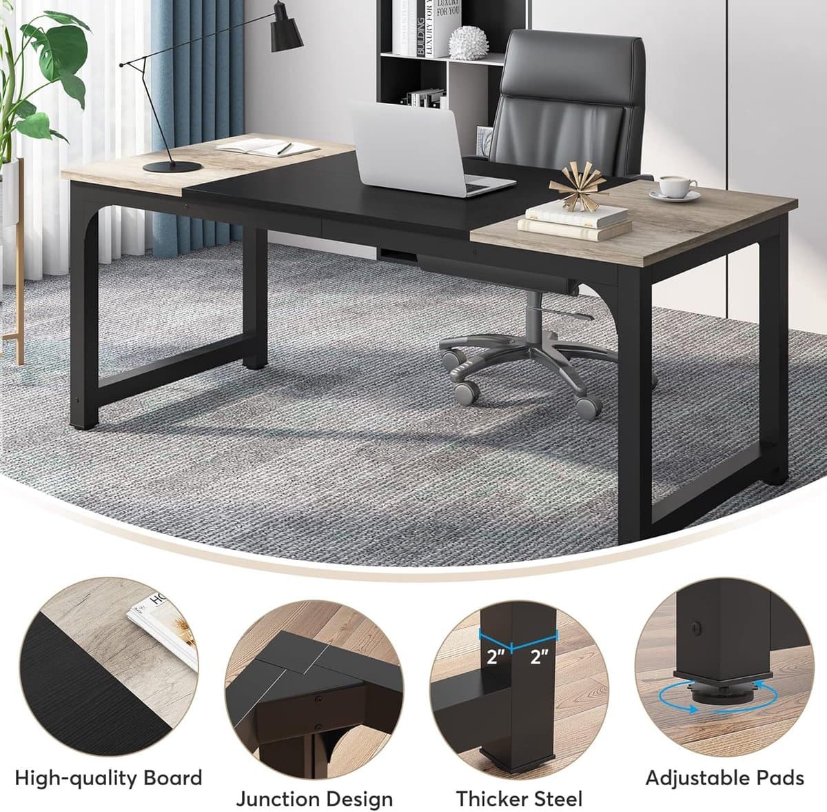 Bureau – House&Garden industriële computer bureau 180x80x75 cm – groot werkbureau voor thuis kantoor – vintage grijs/zwart – stevig metalen frame – houten blad – computertafel met lade – vergadertafel – home office desk