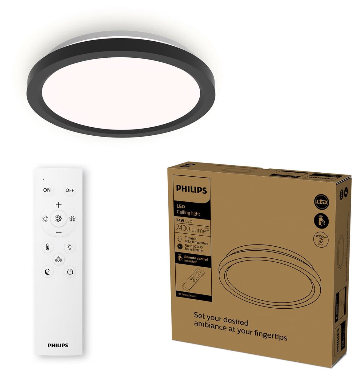 Philips All-In-One Plafondlamp - Met Afstandsbediening - 24W - LED-verlichting - Warm- tot Koelwit licht; 2700K tot 6500K - 30 cm - Zwart - Rond