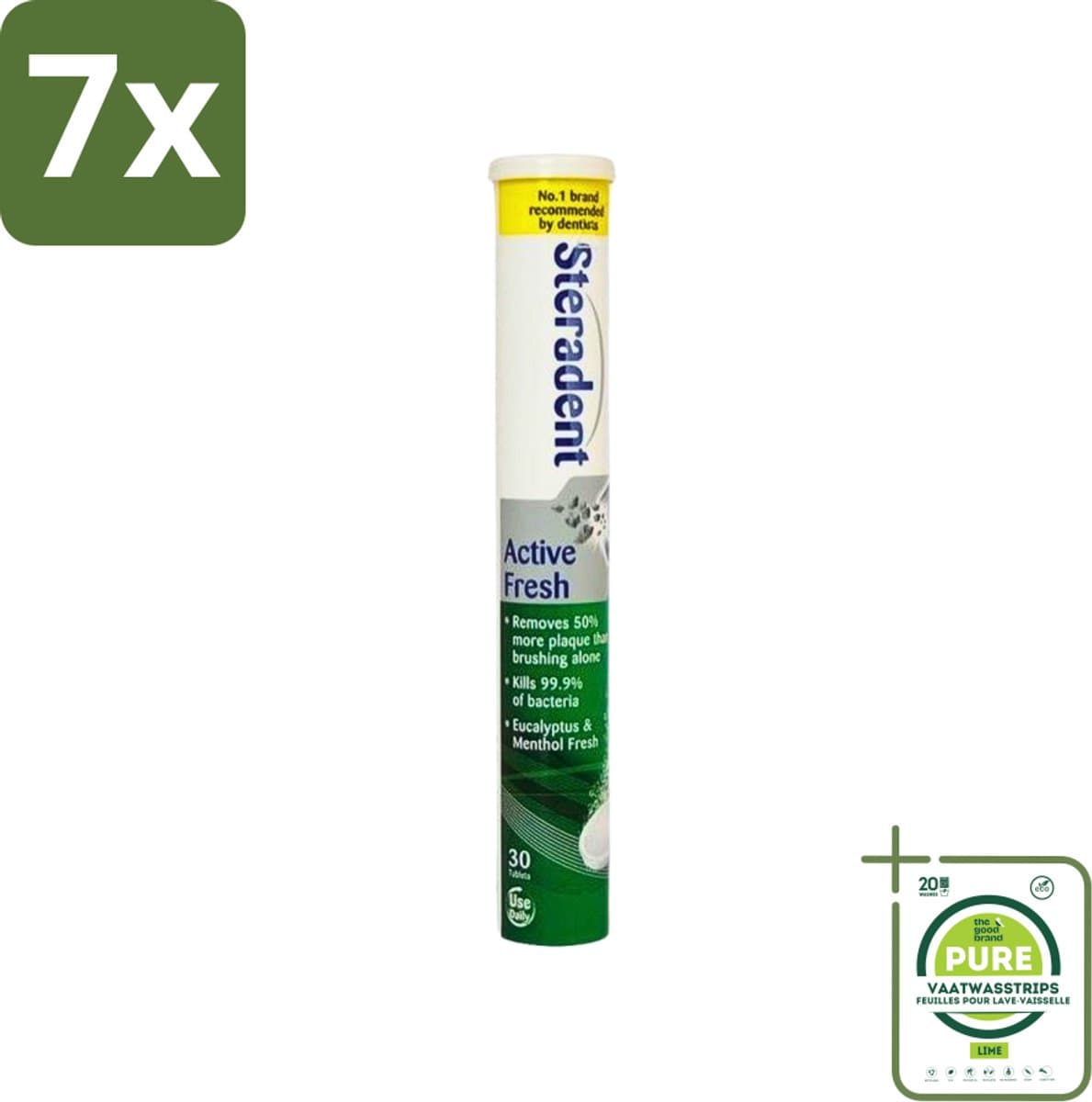 7 x Steradent - Reinigingstabletten - Active Fresh - Voor Kunstgebitten - 30 Tabletten - Grootverpakking - Kunstgebit Reiniging - Kunstgebit Tabletten - Tandsteen Verwijderen - Kunstgebit Schoonmaken - Frisse Adem