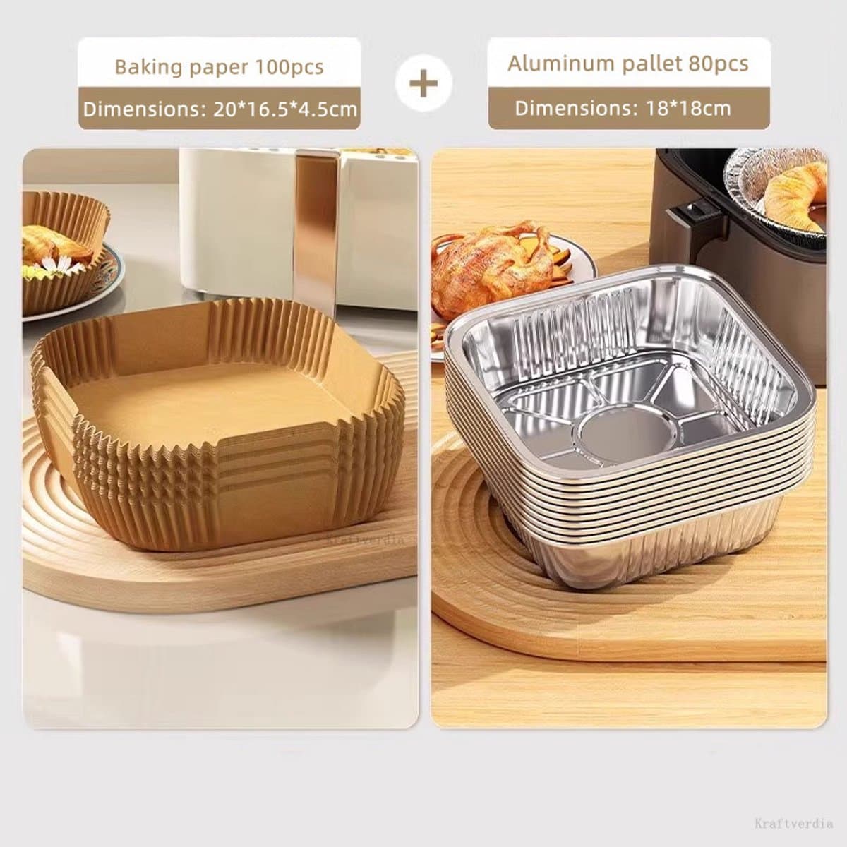 Kraftverdia - Bakpapier airfryer 100pcs + Wegwerp Aluminium Bakjes 80pcs - Bakpapiervellen 20*16.5*4.5cm - Aluminium bakjes bbq 18*18cm - Airfryer Wegwerpbakjes