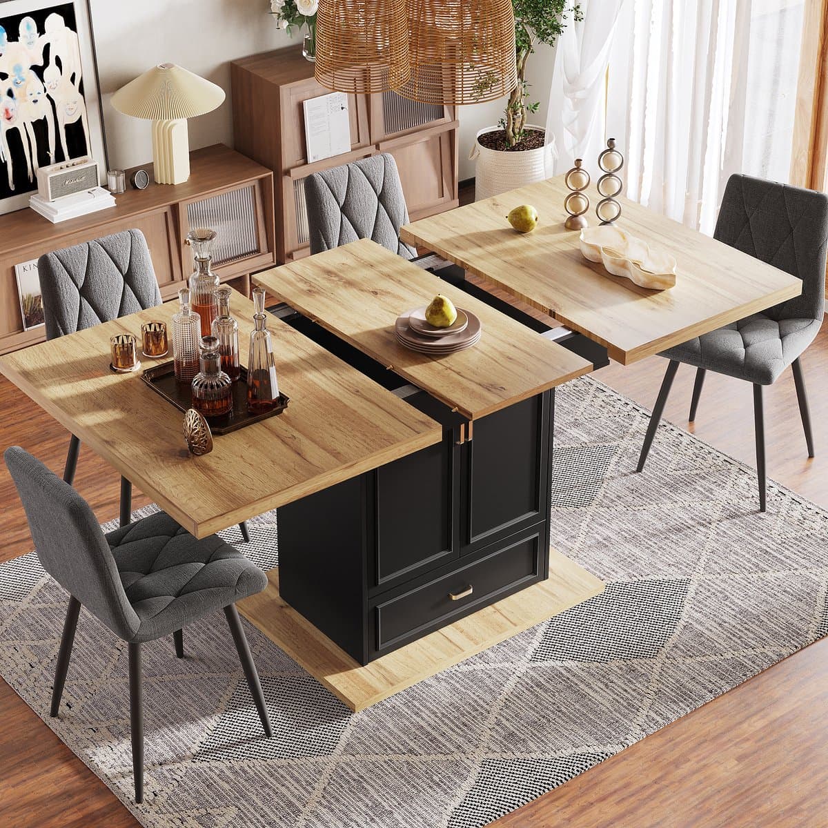 OKWISH Eettafel Uittrekbaar – 110–140×80×75 cm – 2 Deuren + 1 Lade – Telescoopgeleider En Opbergruimte Onder Blad – MDF Lichtbruin – Bodemplaat