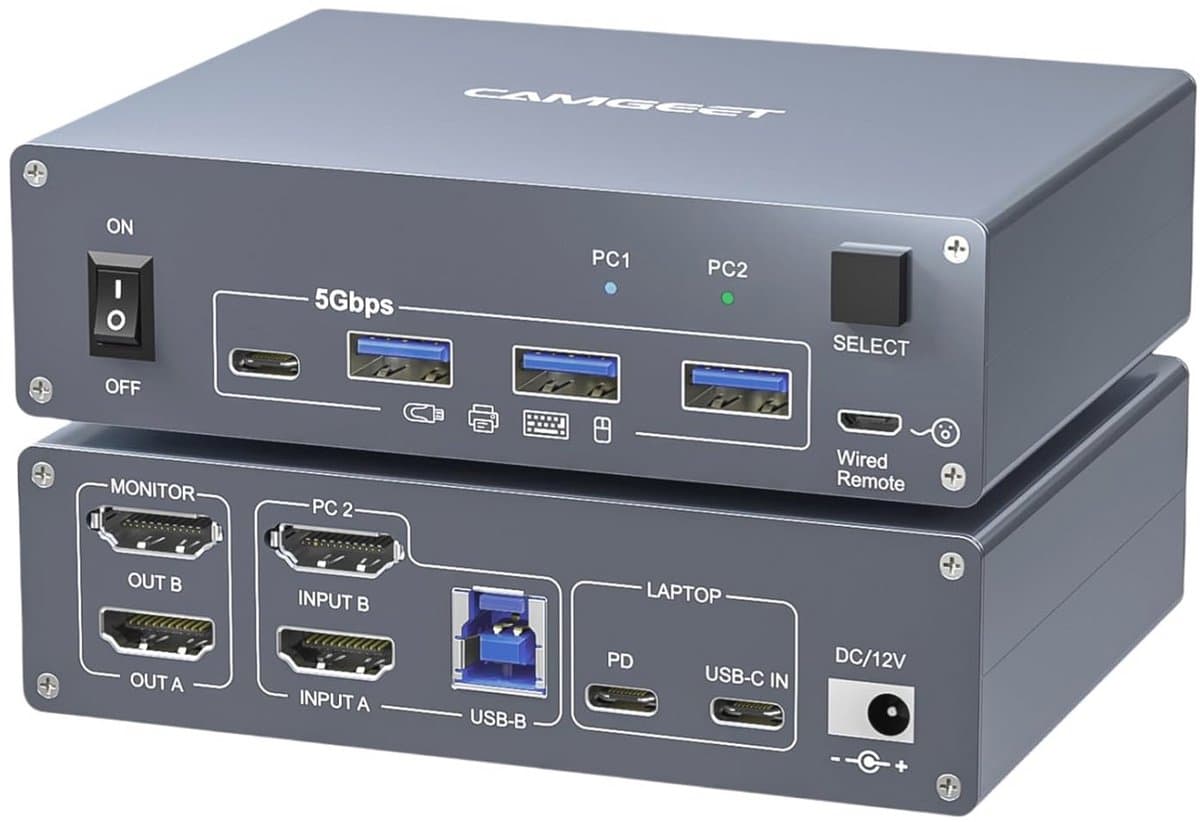 KVM Switch voor 2 PC's met 2 Monitoren, 4K @60Hz, USB-C en HDMI, Met 4 USB3.0 Poorten en 80W PD Oplaadfunctie