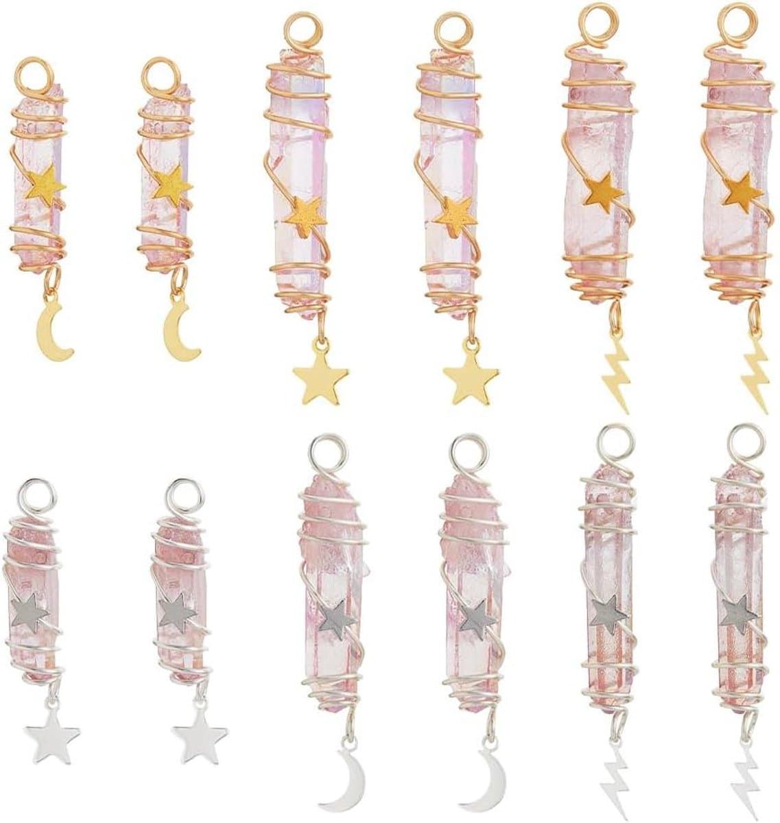 Allecto - Hanger Ketting - Kristallen - Natuurlijke Steen - Sieraden Maken - 12 stuks 6 stijlen kristallen hanger ketting helende kristallen ketting natuurlijke kwarts steen hanger kettingen ster maan koperdraad verpakt voor sieraden maken.