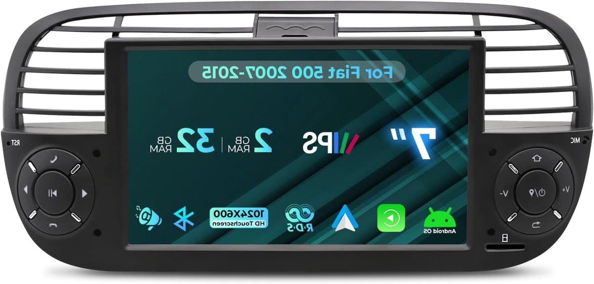 Autoradio Fiat 500 – Multimedia Systeem – Navigatie Radio – Android Radio – 7 inch QLED Touchscreen – Android 14 & Draadloze CarPlay – 4G WiFi Bluetooth