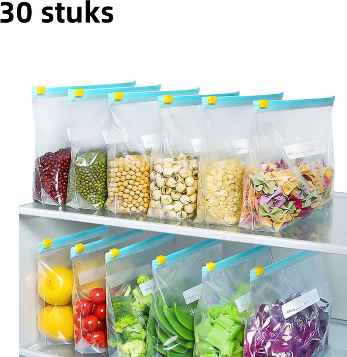 Verpakking van 30 stuks - Luchtdichte bewaarzakken voor levensmiddelen - Verdikt - Geschikt voor gebruik in de koelkast - Met ritssluiting - Middelgroot - Blauw