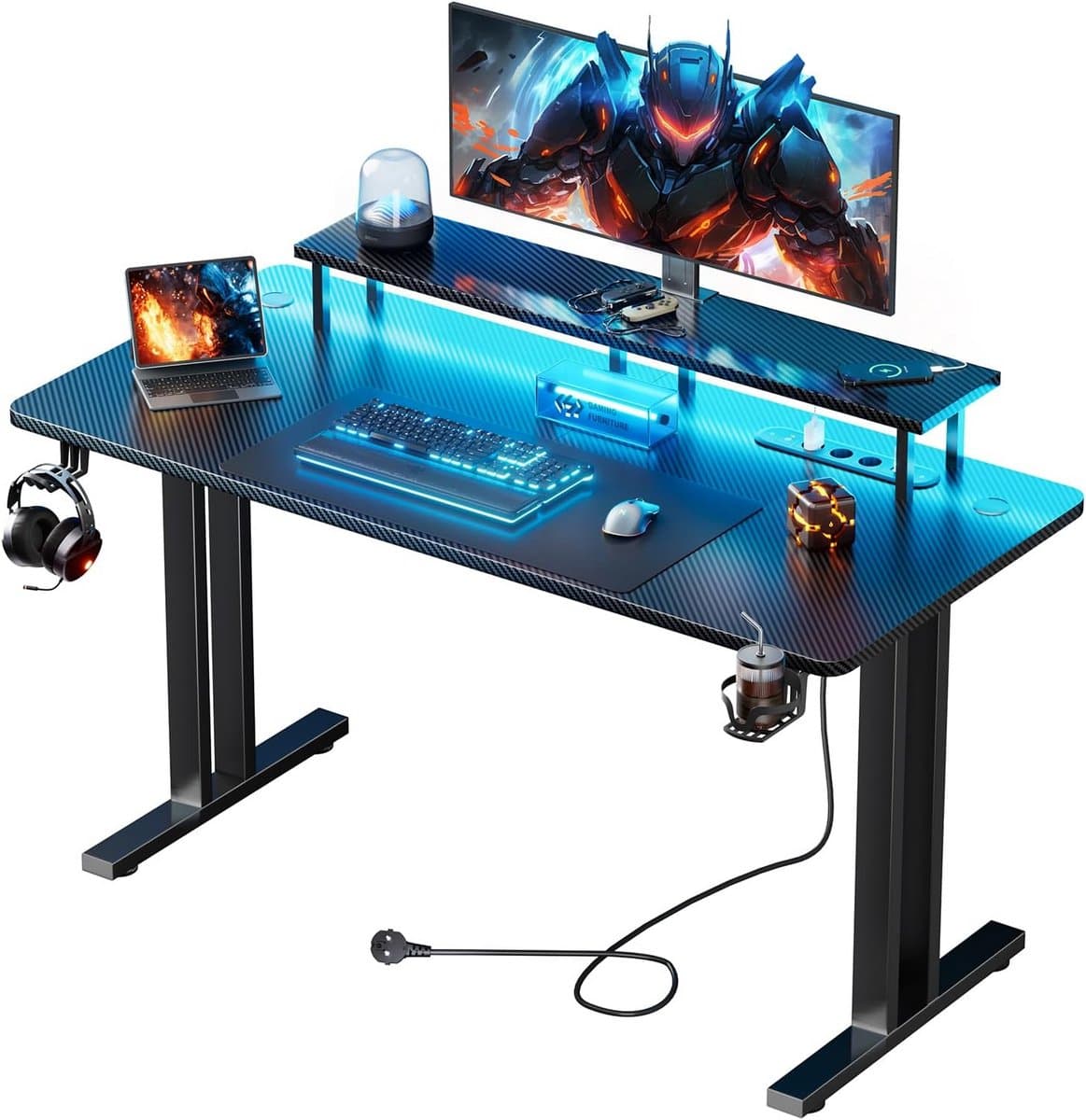 Gaming Bureau 120x60 cm met LED, USB-poorten en Stopcontact - Stabiele Computertafel met Monitorverhoging