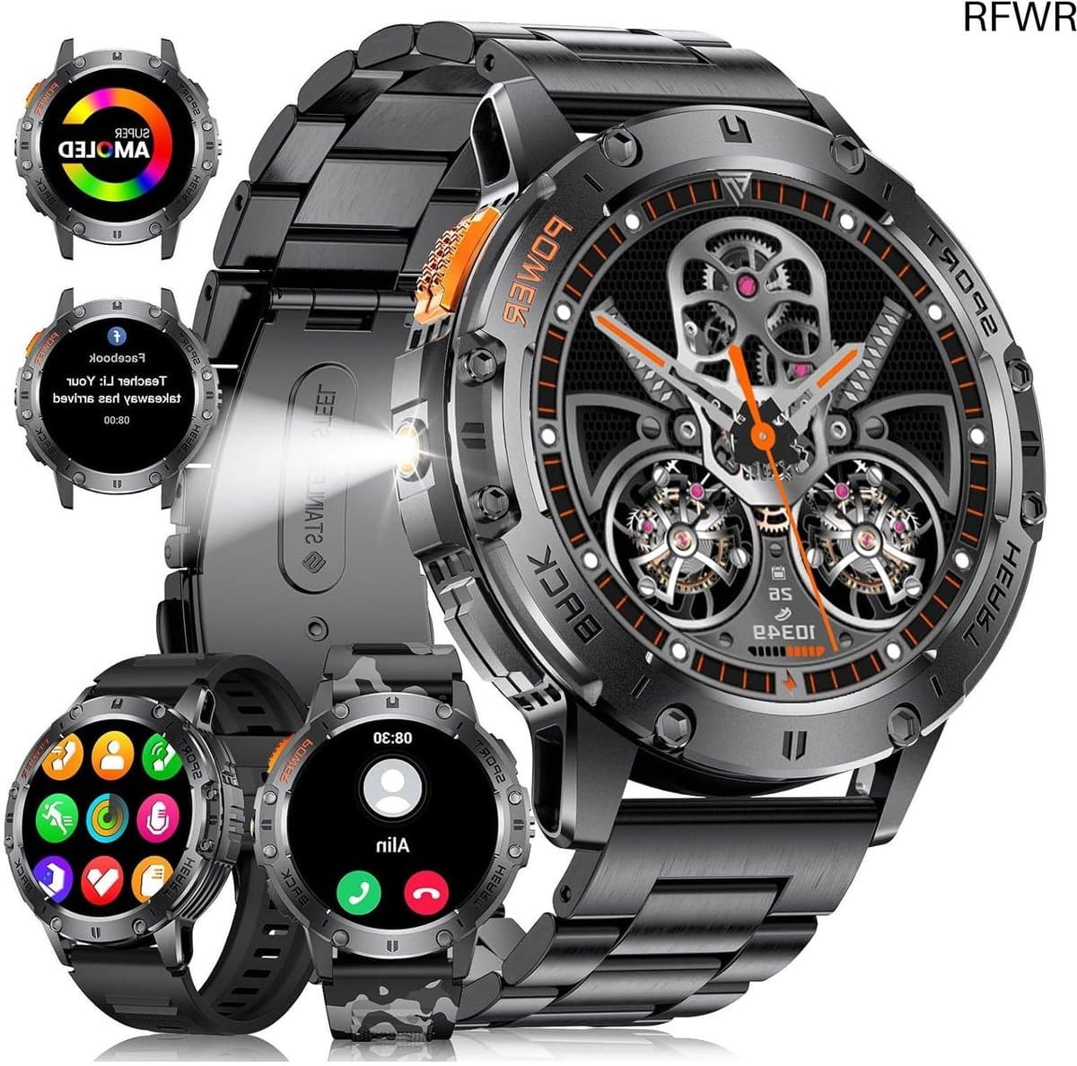 RFWR® Smartwatch met Zaklamp en 1,43 Inch AMOLED Scherm voor Heren - Bluetooth, Slaapmonitor, Stappenteller voor Android en iOS
