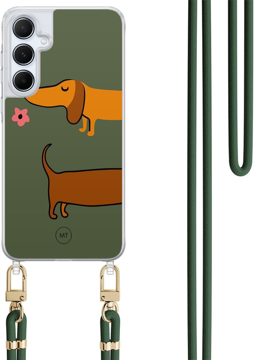 Hoesje met koord geschikt voor Samsung Galaxy A35 5G - Sausage stroll - Inclusief Groen koord - Crossbody beschermhoes - Transparant, Bruin, Groen - Mooie Telefoonhoesjes