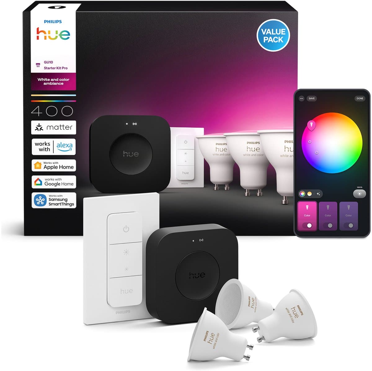 Philips Hue White and Color Starter Pack GU10 3-pack + Bridge Pro + dimmer