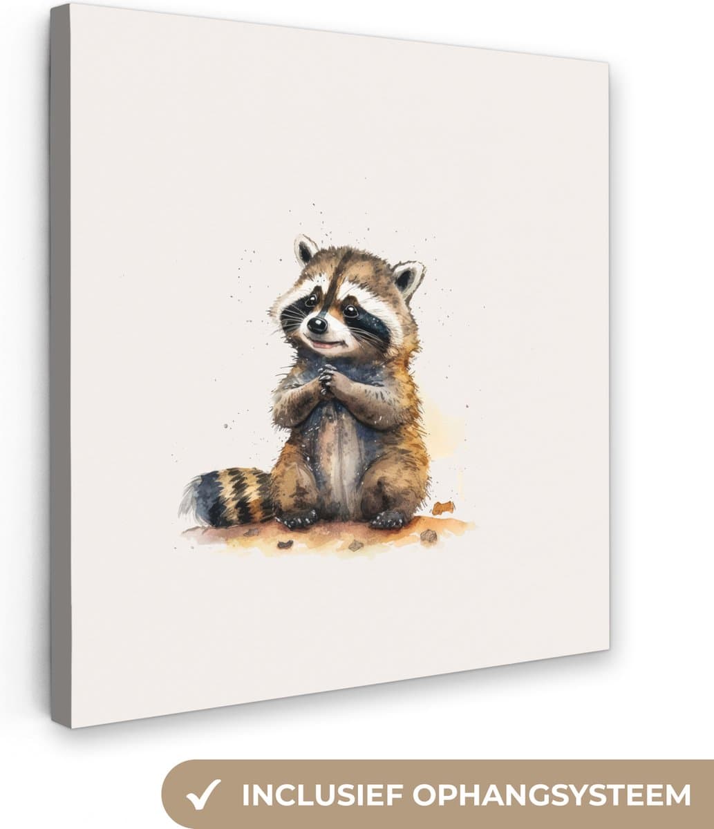 Canvas Schilderij Wasbeer - Waterverf - Kleuren - Dieren - Kids - 50x50 cm - Wanddecoratie