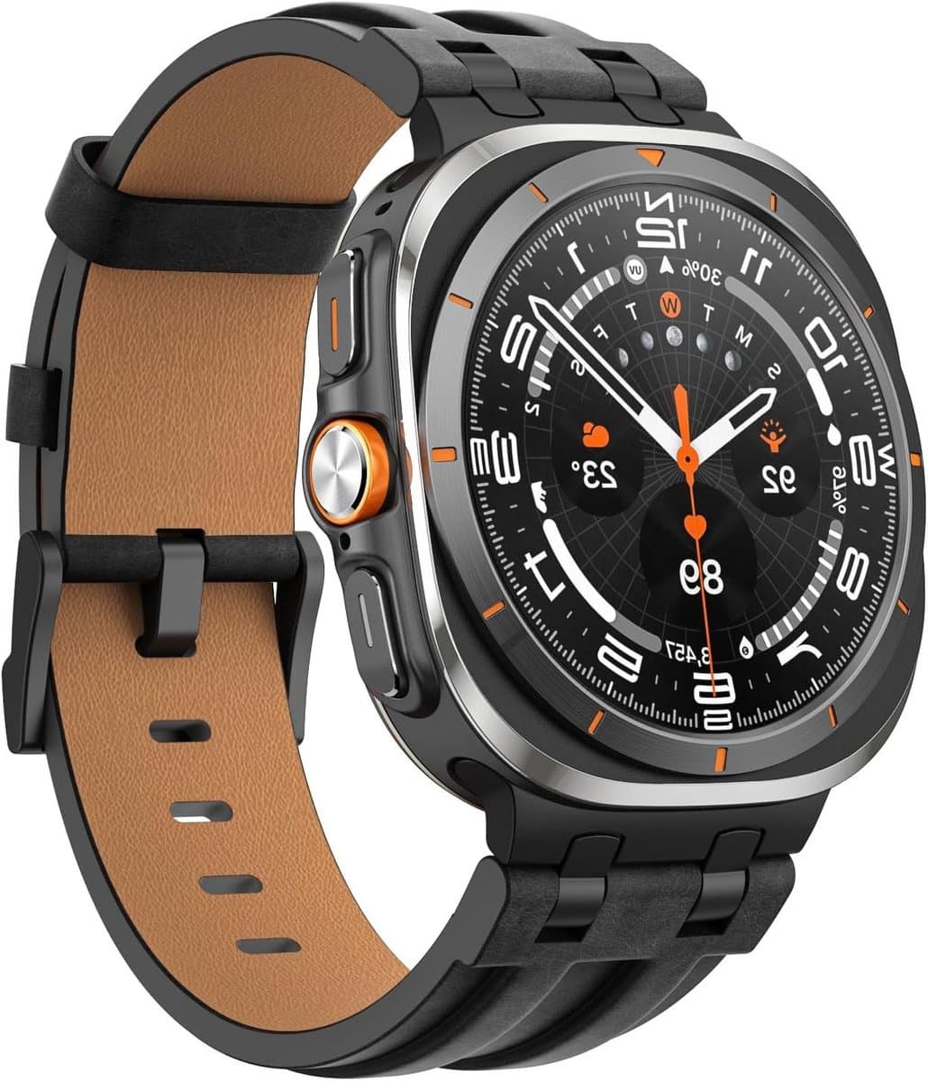 Leren Horlogeband voor Samsung Galaxy Watch Ultra 47mm, Stalen Connector en Vervangband voor Mannen, Zwart Echt Leer, Comfortabel en Duurzaam