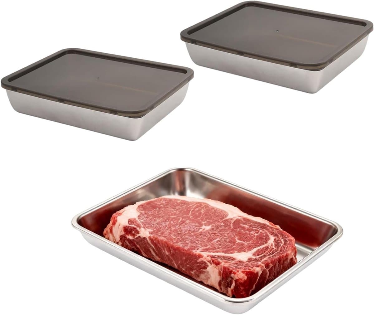 Set van 3 RVS Vleesdozen voor de Koelkast, Organiser voor de Fridge, Vershoudcontainers met Deksel voor Vlees en Kaas (25 x 20 x 5.5 cm)