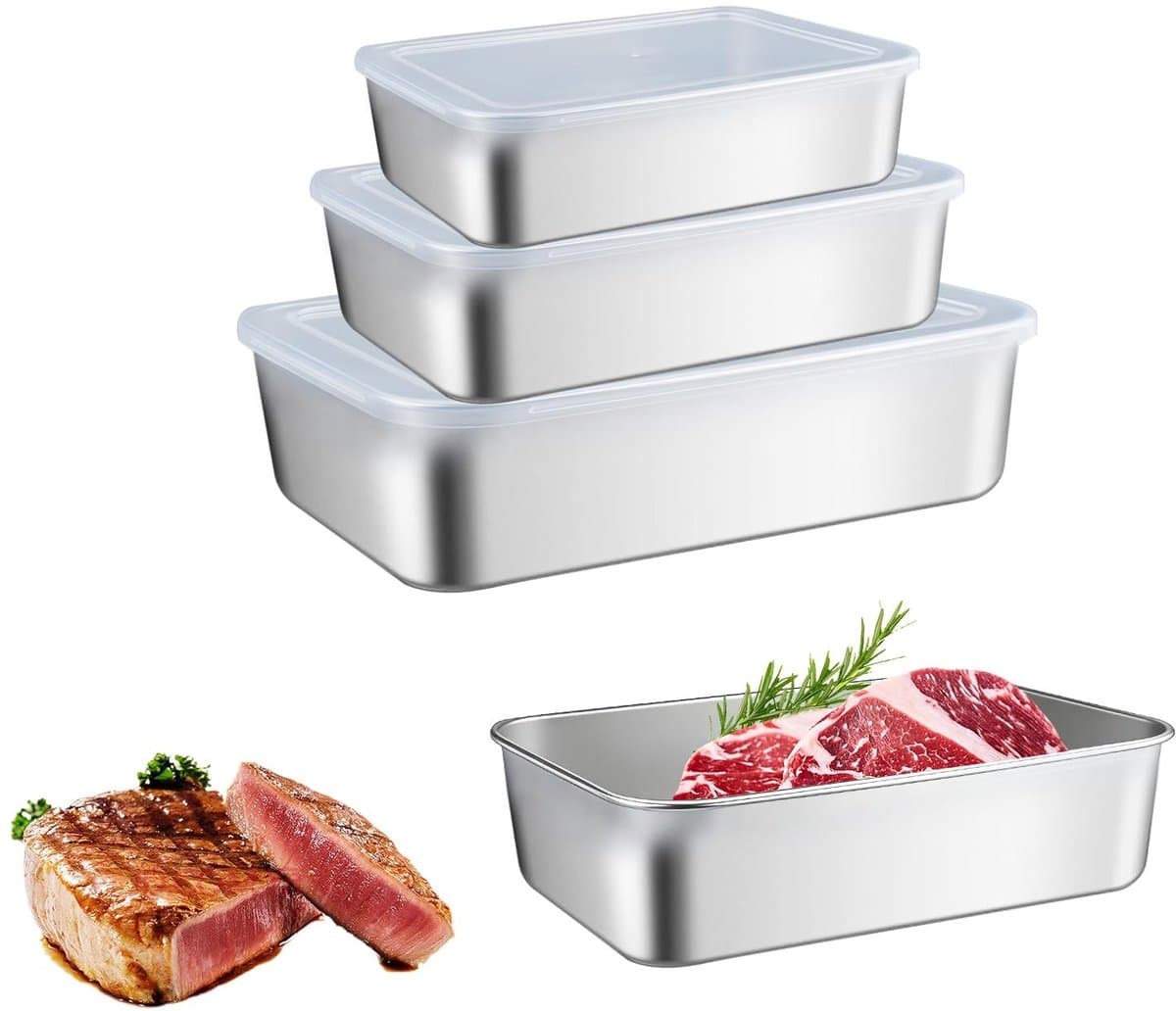OmGoods - Dailygoody - Opslagcontainers - Rvs voedselcontainers - 3-delige set - 1000ml 1800ml 3000ml - Luchtdicht - Geschikt voor koelkast - Zilver
