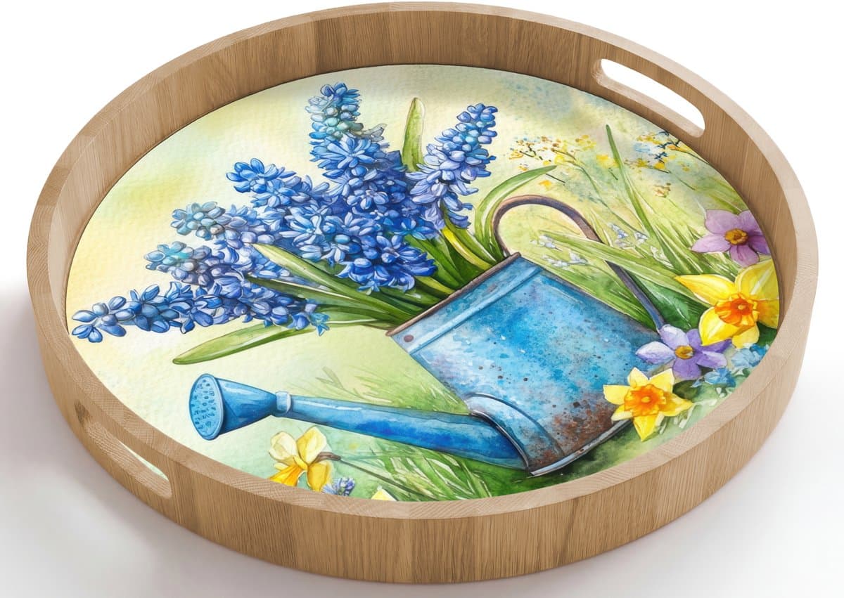 Dienblad rond 50x50 cm - Schootdienblad hout - Gieter - Lavendel - Bloesems - Borrelplank rechthoek - Plateau houten dienbladen
