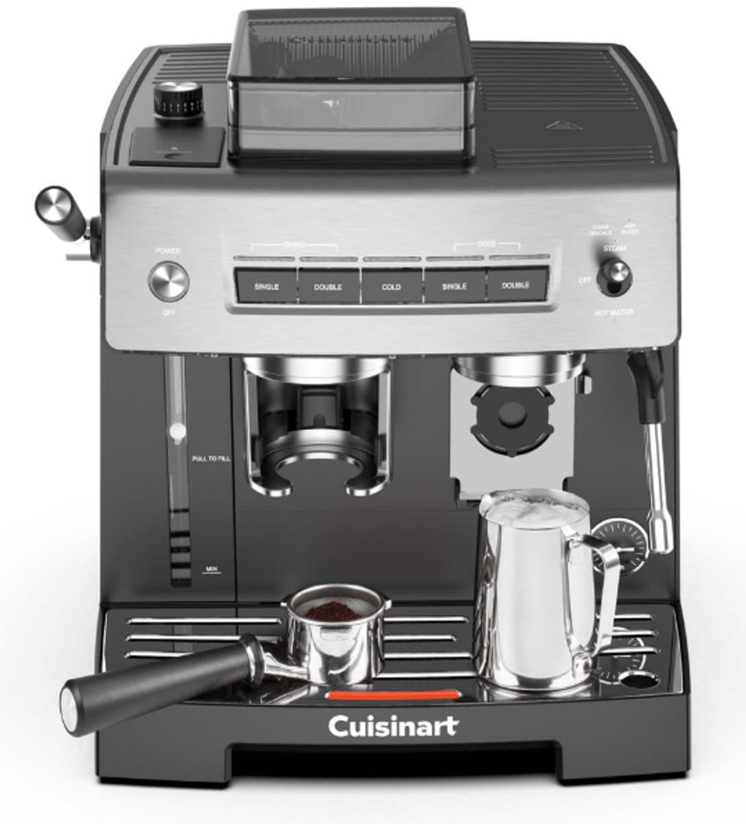 Cuisinart Espresso Machine Grind, Tamp and Brew - Met ingebouwde Koffiemolen - 20 Bar Druk - Iced Coffee Functie - 2,2L Waterreservoir - Zilver/Zwart