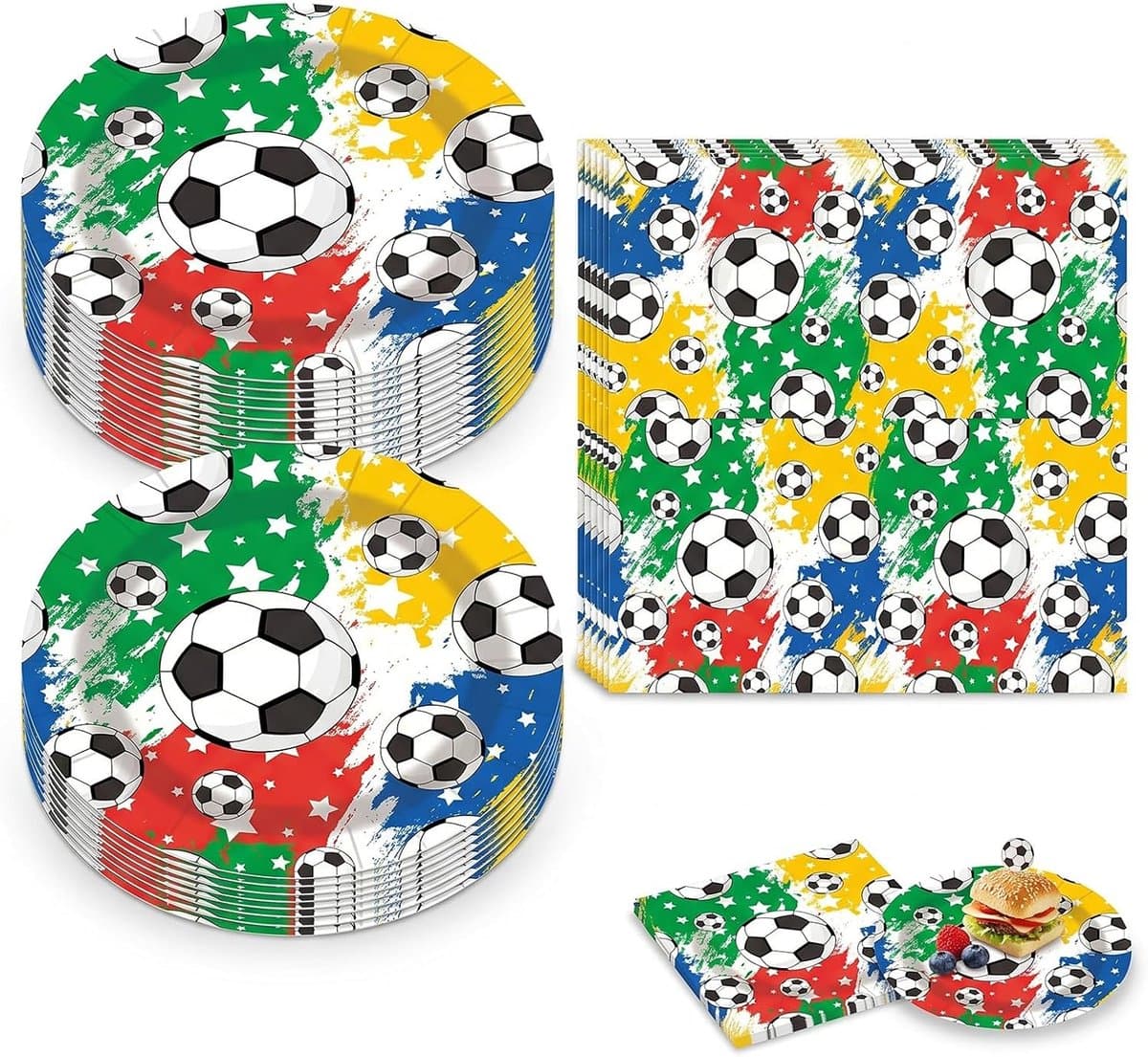 Set met 20 papieren borden (18 cm) en 20 servetten, decoratie voor kinderverjaardagen en sportevenementen