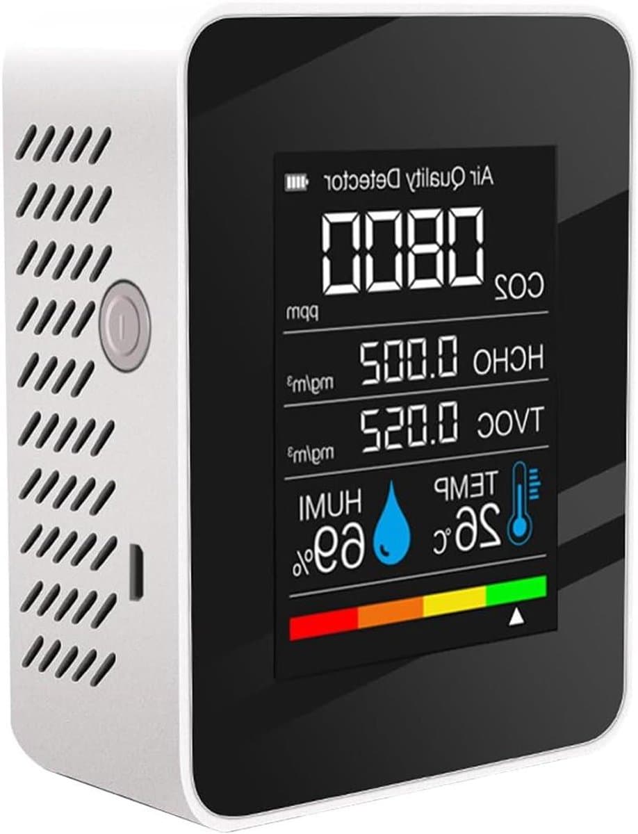 Luchtkwaliteit Monitor - Meetapparaat Binnenlucht - Gezond Binnenklimaat - 5-in-1 Meting - 70 x 90 mm - Wit