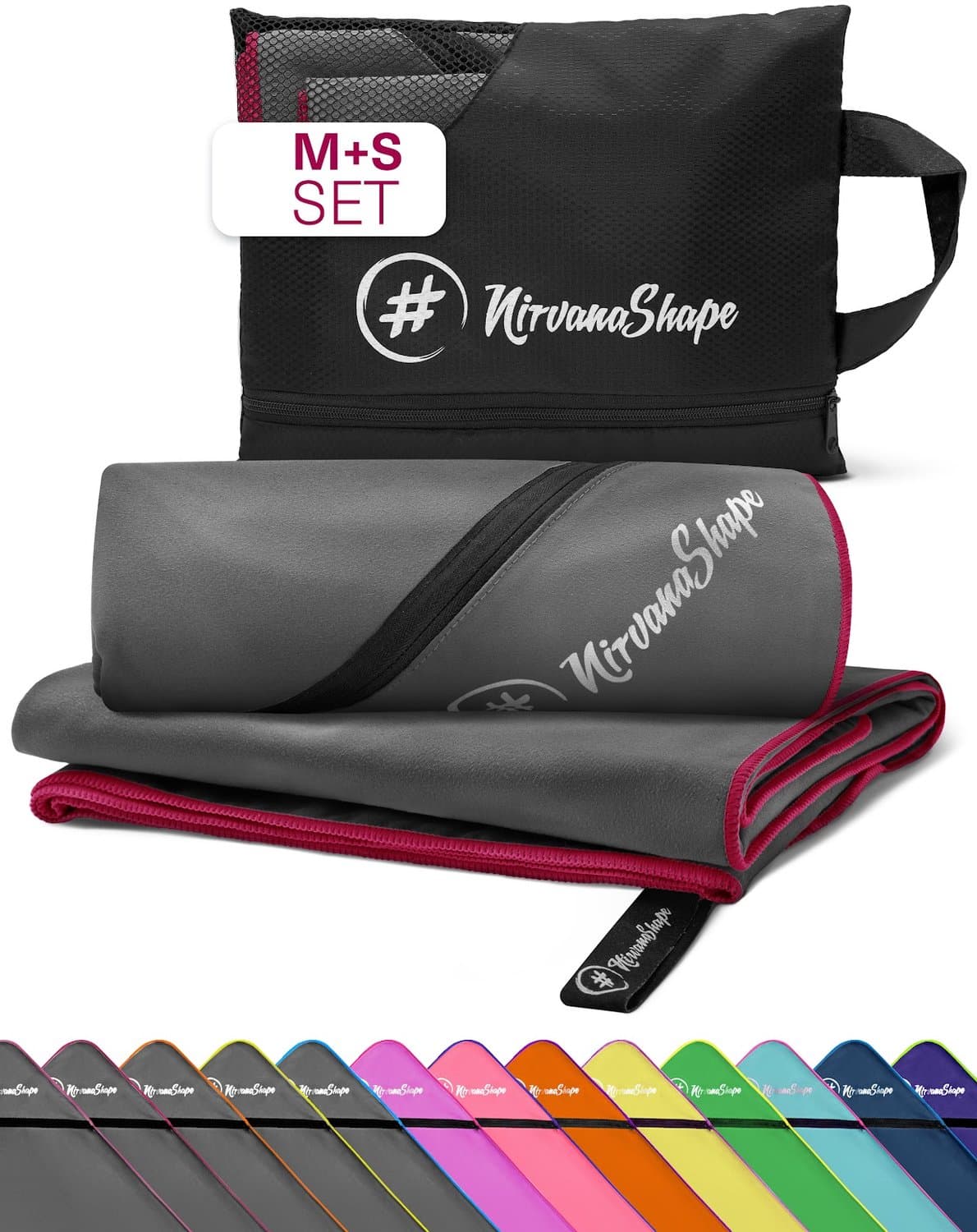 NirvanaShape - microvezel handdoek - strandlaken en badlaken - sneldrogend en absorberend - sporthanddoek met slimme hoekzak - set van 2: 120 x 60 cm + 60 x 40 cm - Grijs / Paarse Rand