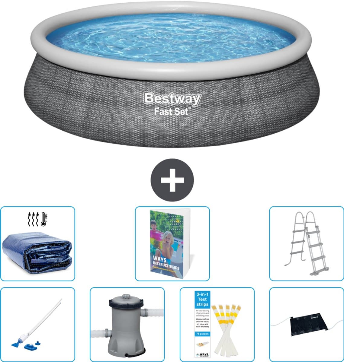 Bestway Rond Opblaasbaar Fast Set Zwembad - Rotanprint - 457 x 107 cm - Inclusief Pomp - Ladder - Solar Mat - Solarzeil - Stofzuiger - 8-delig