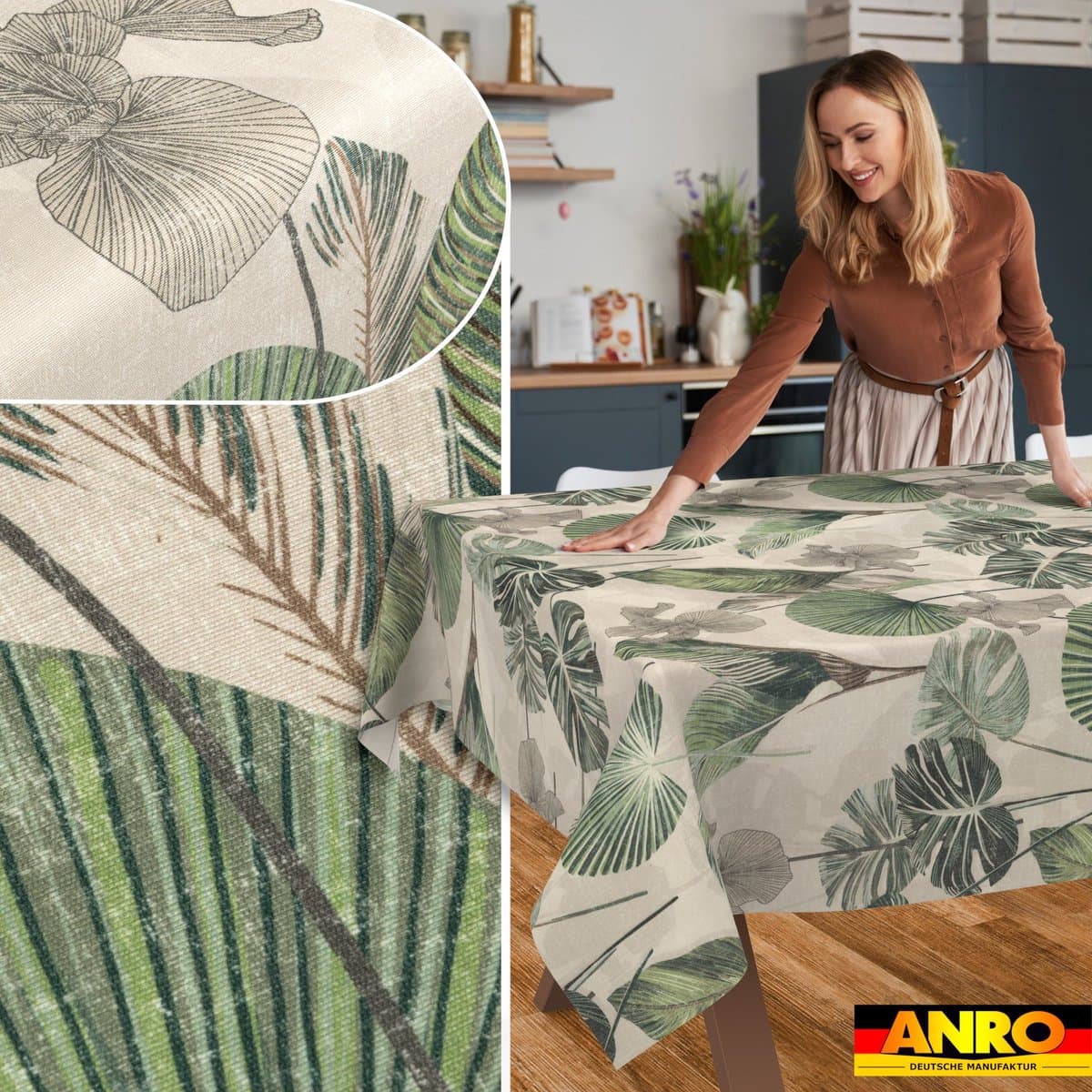 ANRO Tafelkleed Bloemenornamenten Beige Rechte rand Afwasbaar
