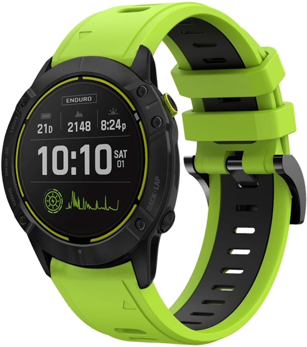 Voor Garmin Enduro 26mm tweekleurige sport siliconen horlogeband (limoengroen + zwart)