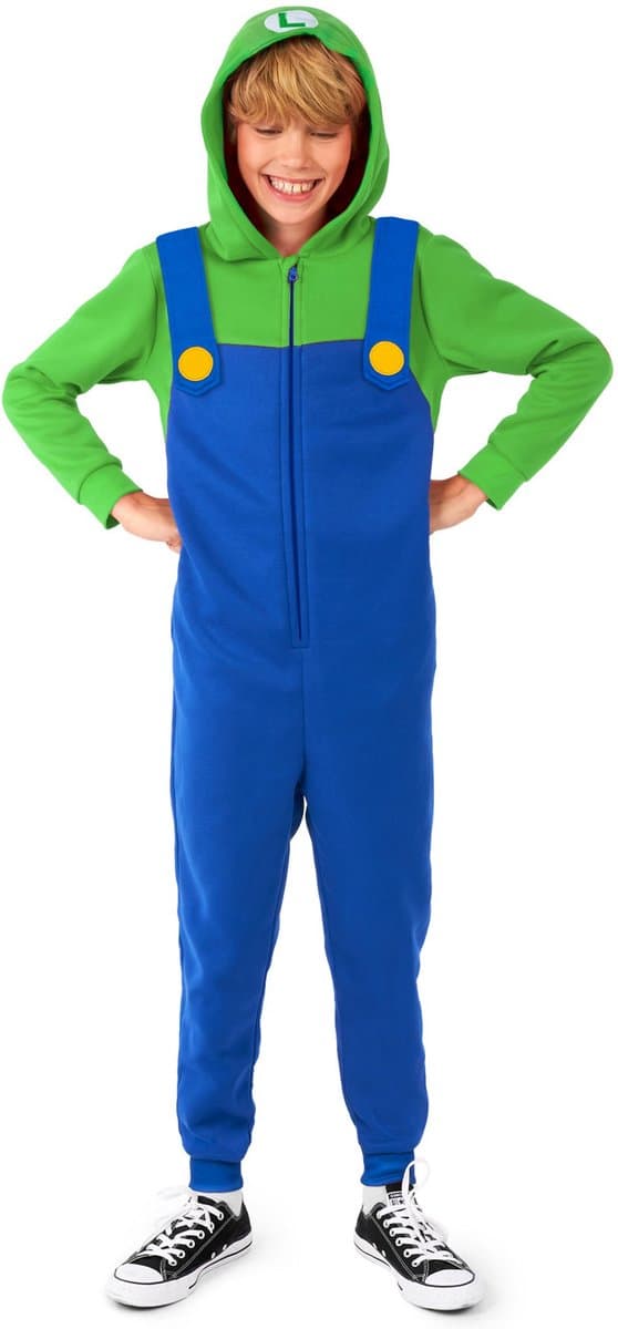 OppoSuits Luigi Kids Onesie - Nintendo Huispak - Kinder Kleding voor Luigi Outfit - Carnaval - Groen - Maat: S - 92/98 - 98/104 - 2-4 Jaar