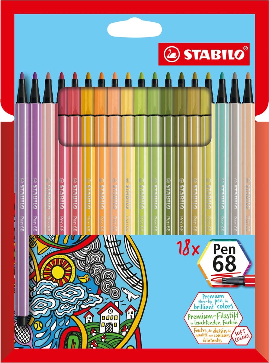 STABILO Pen 68 - Premium Viltstift - Etui Met 18 Nieuwe Kleuren