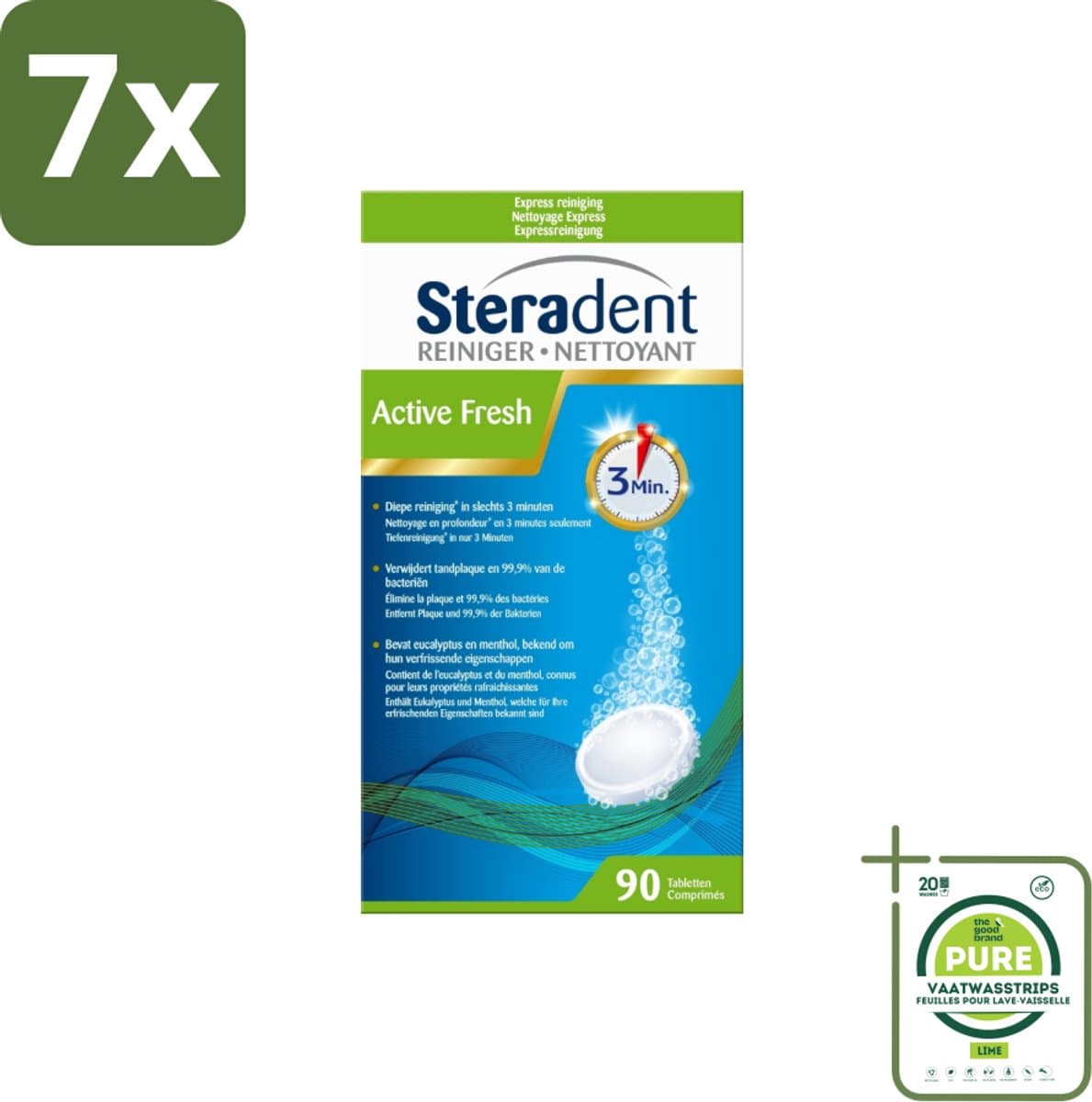 7 x Steradent - Kunstgebitreiniger - Active Fresh - Menthol En Eucalyptus - 90 Tabletten - Grootverpakking - Kunstgebit Reiniging - Kunstgebit Tabletten - Geurvrij Kunstgebit - Frisse Geur Kunstgebit - Tandplak Verwijderen Kunstgebit