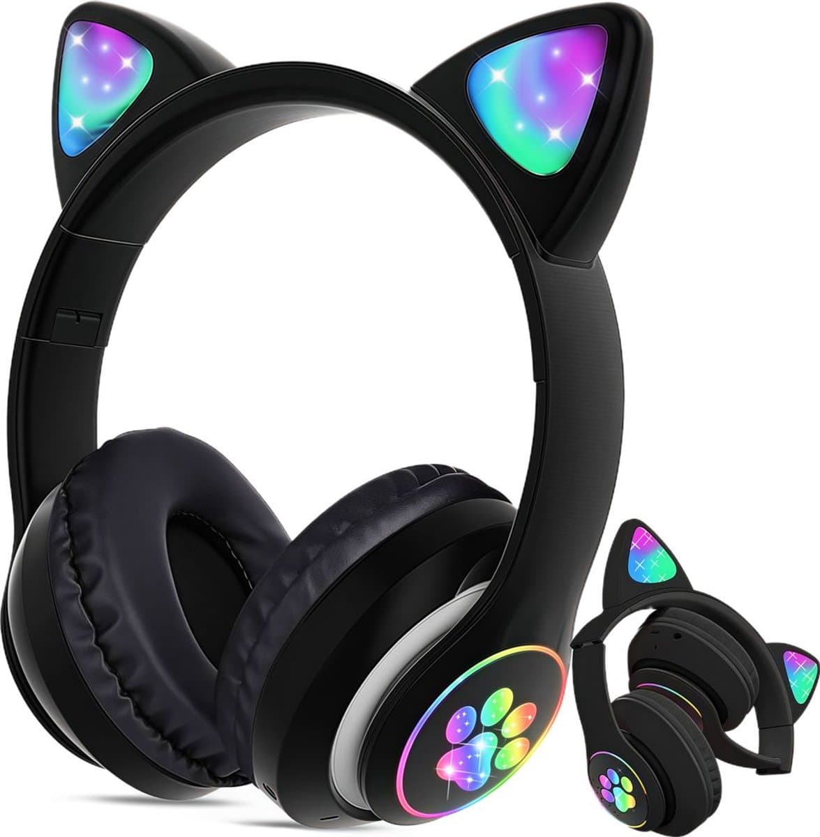 Hoofdtelefoon met kattenoortjes, Bluetooth stereo hoofdtelefoon, met ledverlichting en microfoon, RGB gaming hoofdtelefoon, over-ear model, zwart.