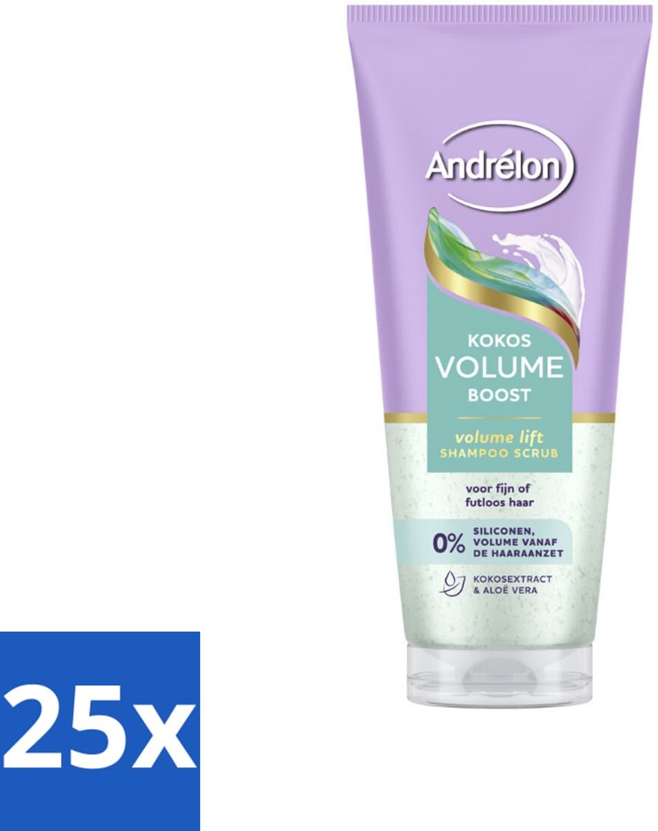 25 x Andrélon – Shampoo Scrub – Kokos Volume Boost – 200 ml - Volume Shampoo - Kokos Volume Boost - Exfolierende Shampoo - Fris Haar - Fijn Haar