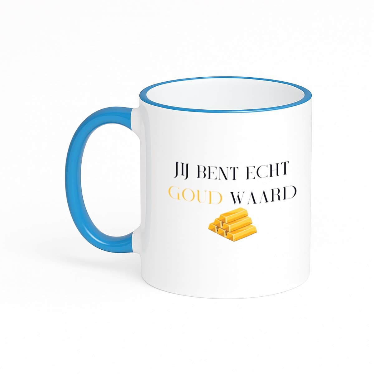 Hacebo® - Jij bent echt goud waard koffiebeker met gekleurde rand blauw - Collega - cadeau collega - thee mok - koffie beker - cadeau - bedankt cadeau collega - koffiemok - 330 ML
