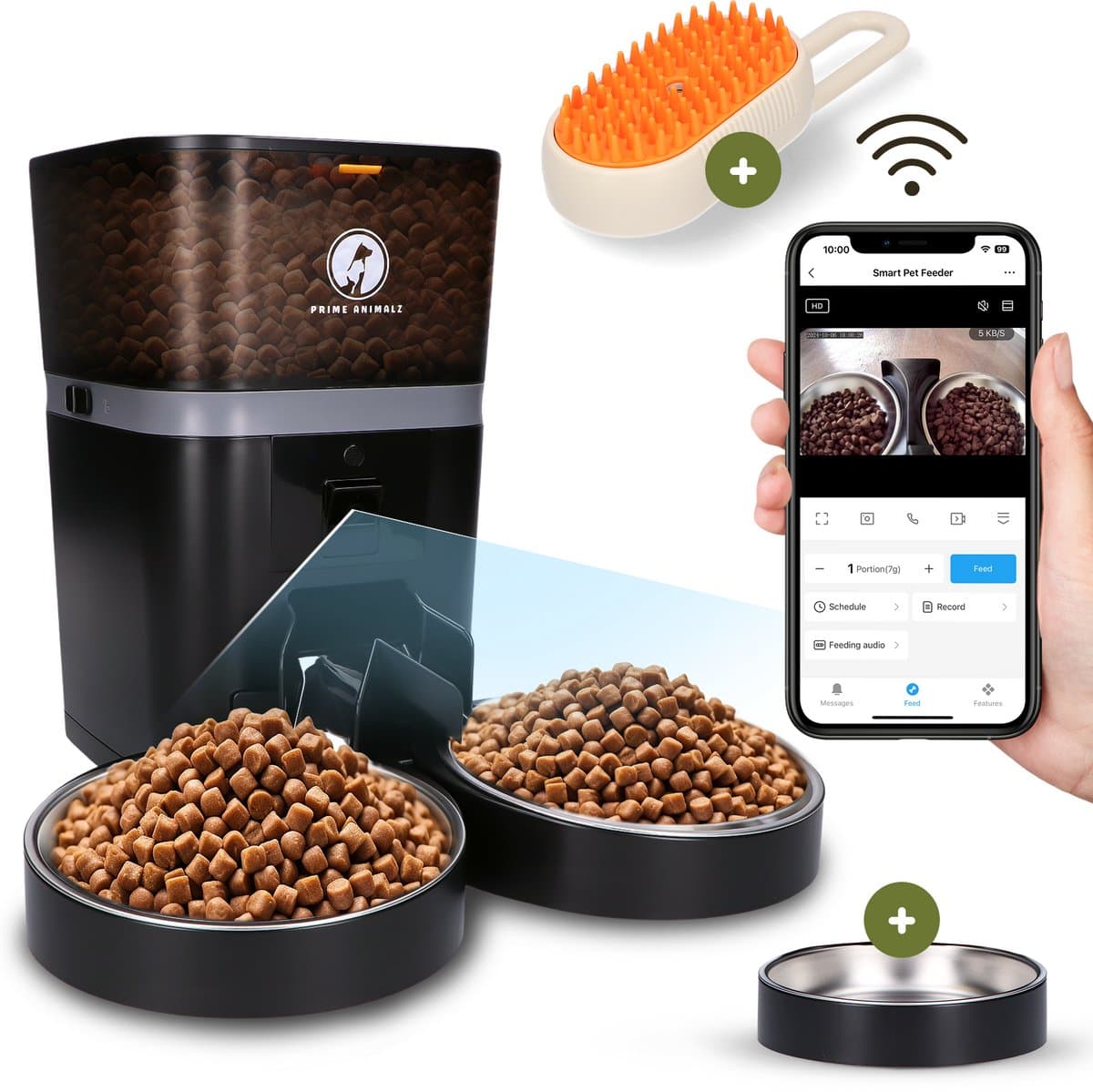 Automatische Voerbak Kat en Hond 4L Upgraded – Slimme Voerdispenser met Camera – Full HD 1080P Night Vision – Two-Way Audio – RVS Dubbele en Enkele Voerbak – App-bediening – Voerschema Instellen – Prime AnimalZ – Zwart