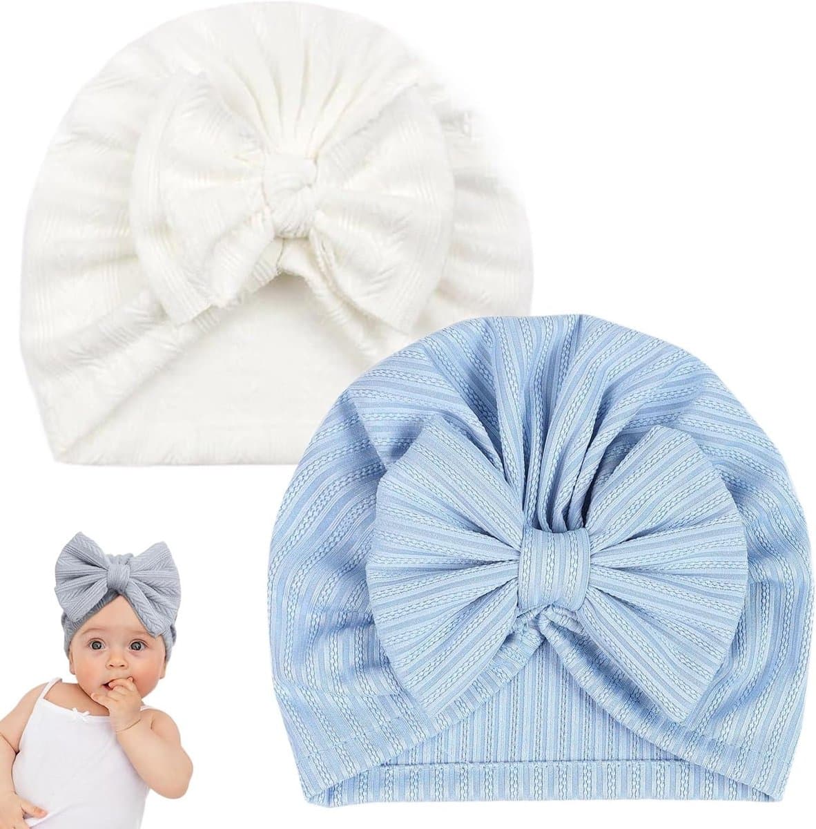 2-delige Unisex Baby Mutsen voor Pasgeborenen met Strik - Zachte Rekbare Hoofdbanden voor Baby's