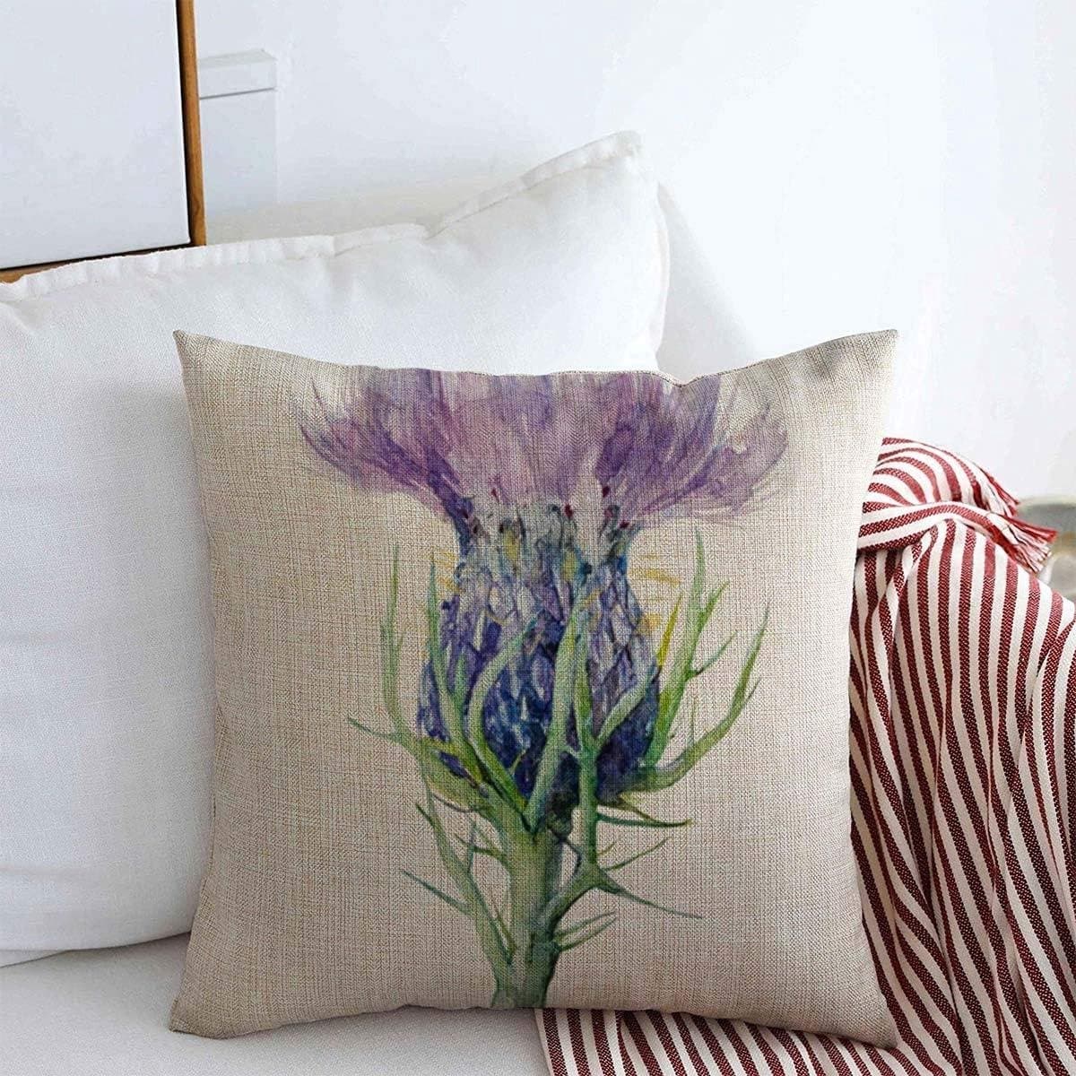 Decoratief Sierkussen - Bloemenprint Hoes - Bank Decoratie - Aquarel Stijl - 45x45 cm - Paars