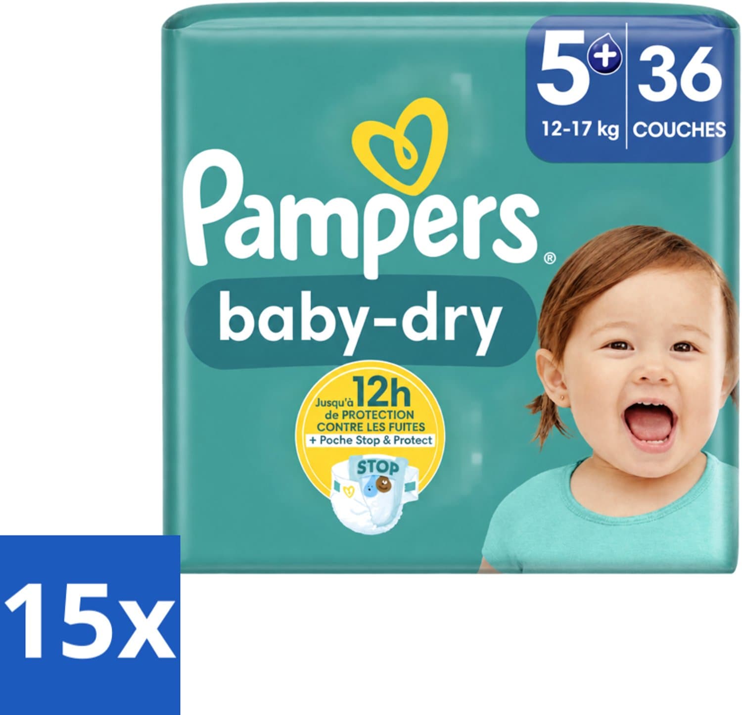 15 x Pampers – Luiers – Baby-Dry Maat 5+ (12-17 kg) – 36 Luiers - Baby-luiers - Droge Huid - Droge Luiers - Baby Droogheid - Droge Luier