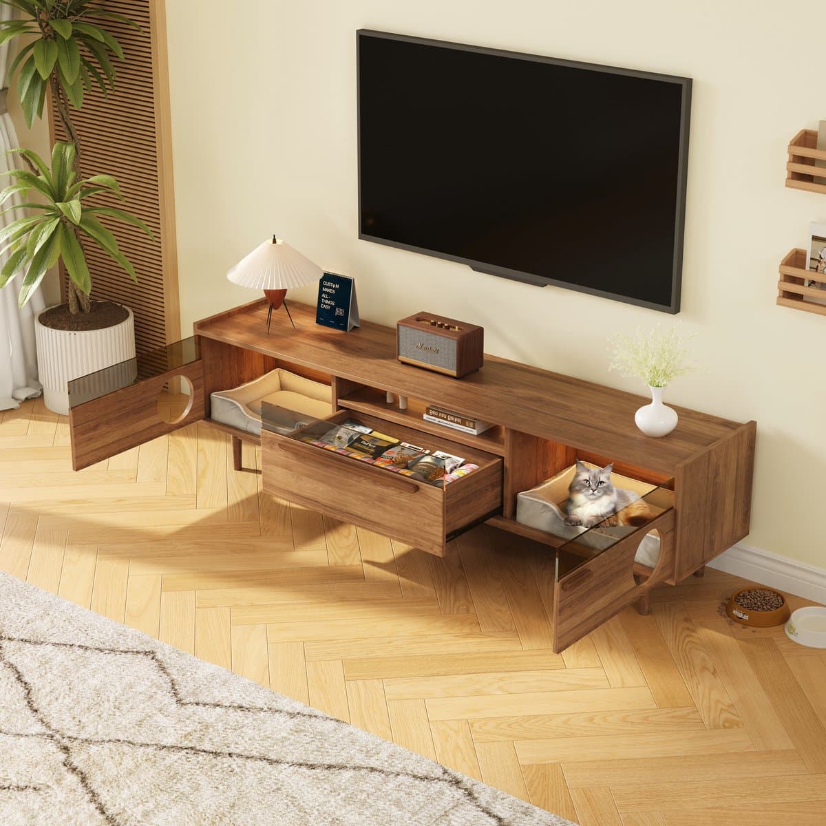 DESMIU Tv Meubel - Met Ledverlichting En Kattenruimte - Met Lade En Glazen Deuren Voor Woonkamer En Slaaphoek - MDF - 180x40x50 Cm - Walnoot