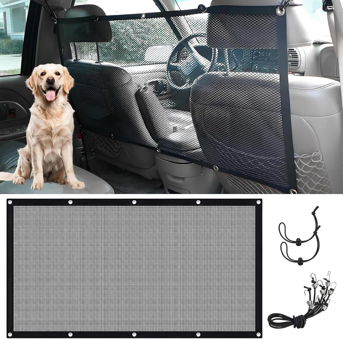 Verstelbaar Auto Net voor Honden met Haken en Touw - Veiligheidsnet voor Achterbank, Dierbescherming, Mesh Barrière (115x62cm)