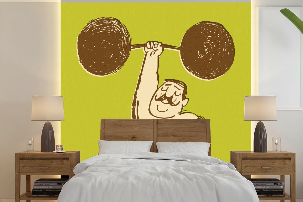 Behang - Fotobehang Een illustratie van een bodybuilder met het gewicht in een hand - Breedte 300 cm x hoogte 300 cm