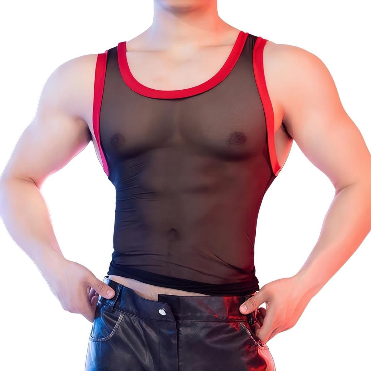 Transparante Mesh Fitness Top voor Mannen - Mouwloos, Sexy Crew Neck, Ideaal voor Feestjes en Festivals