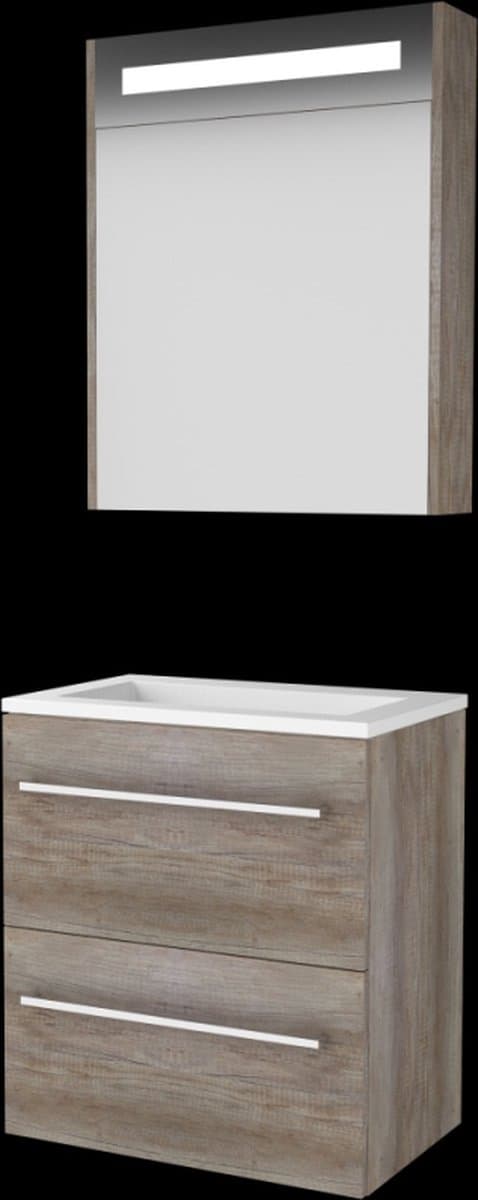Basic Premium 39 badmeubelset met spiegelkast met geïntegreerde LED verlichting, wastafelonderkast met grepen, 2 lades en acryl wastafel zonder