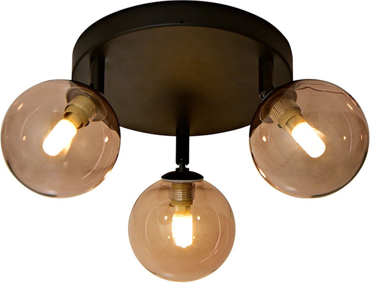 Olucia - AMER - Badkamer Plafondlamp - Amber / Zwart - Geschikt voor Badkamer - Vorm: Rond