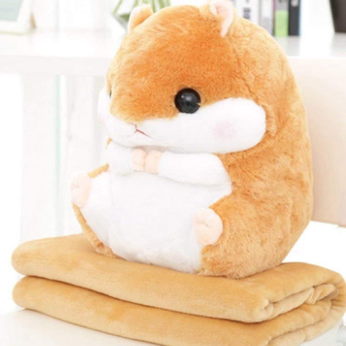2 in 1 Hamster Knuffel Knuffel Hamster Kussen met Knuffeldeken Super Leuk Cadeau voor Kinderen en Vriendinnen 50cmX30cm (Lichtbruin)