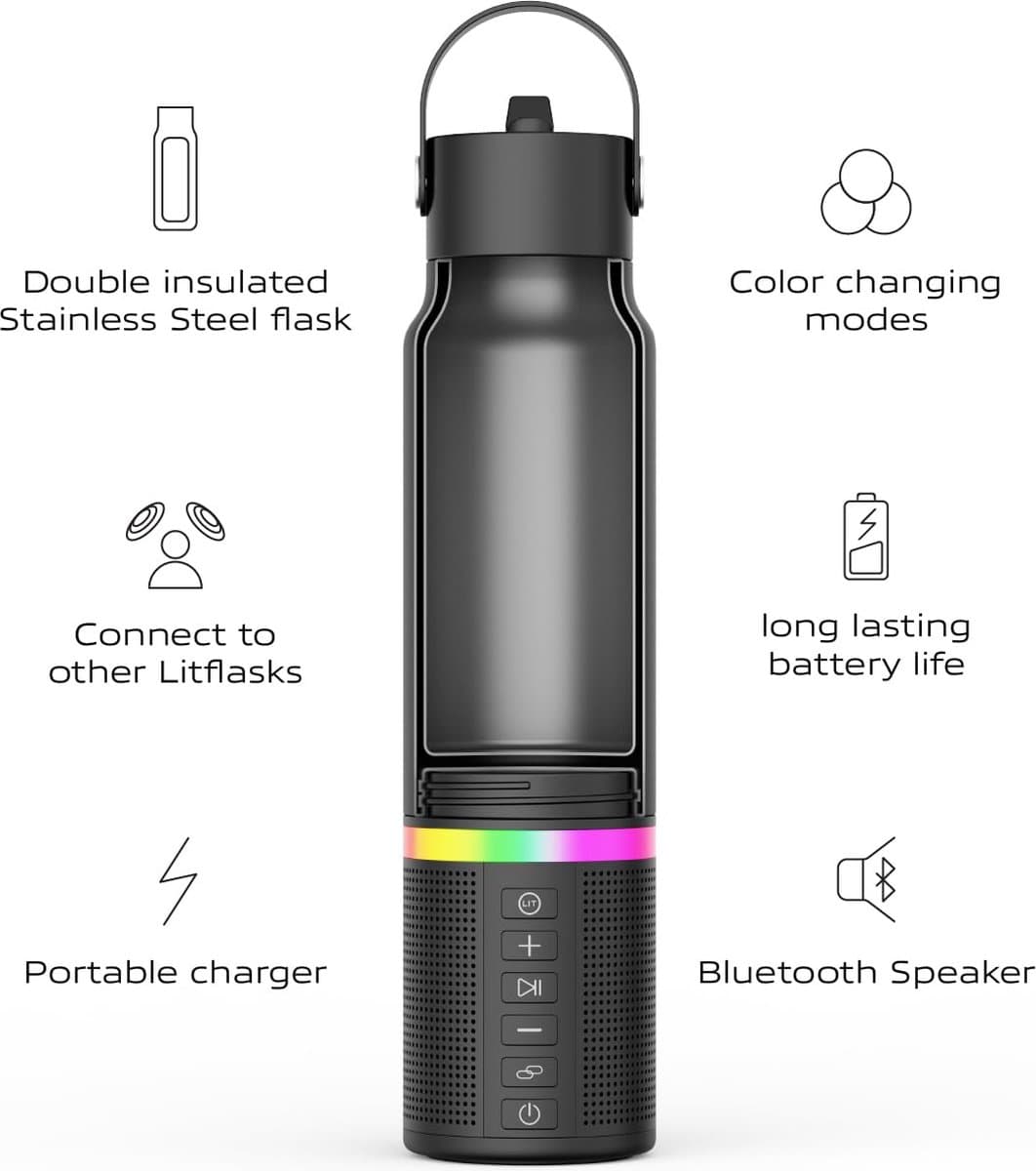 Xcruiser Smart Water Bottle with Premium Bluetooth Speaker, Portable Charger, LED Light, Stainless Steel, Mix & Match Colors, 20oz - Oprah's Favorite Things 2024